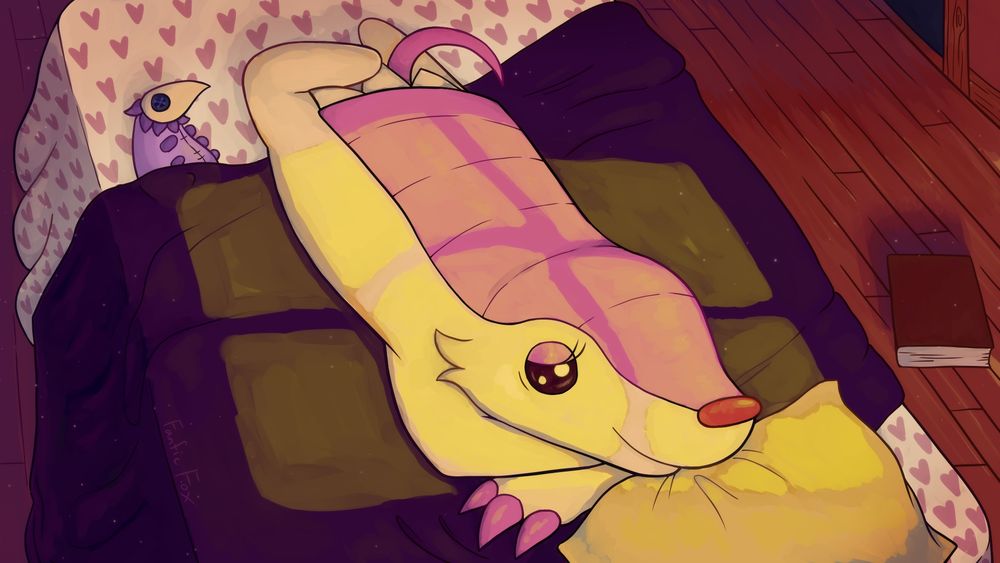 Fairy armadillo character laying on her tummy in her bed, her head is propped up to look at a window out of frame. Golden light from the window shines on her. There's a plushie on her bed and a diary on the floor.