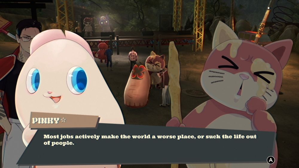 Personagem pinky do jogo promise mascot agency falando que "a maioria dos trabalhos ativamente tornam o mundo um pior lugar ou sugam a vida das pessoas"
