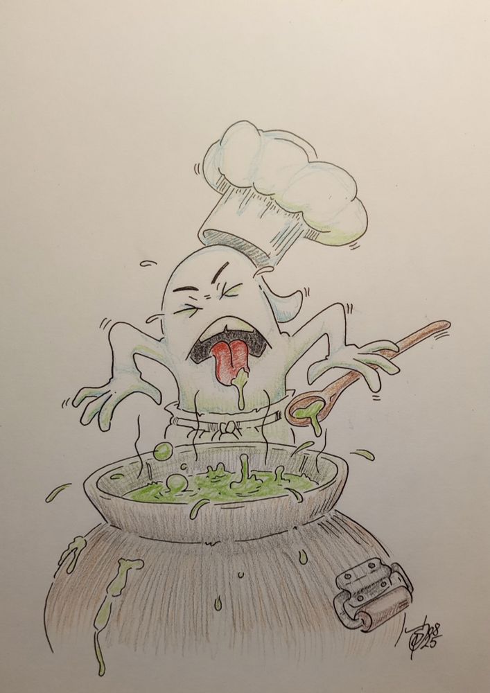 Zeichnung im Comic-Stil.
Ein weißer Geist steht hinter einem großen, runden Kessel in dem eine grüne Brühe blubbernd vor sich hin köchelt. Vereinzelt steigen Blasen auf und es spritzt. Der Geist hat die Augen zu gekniffen und streckt angewidert die Zunge raus auf deren Spitze etwas von der grünen Super hängt. Er hat seine Hände weit gespreizt und ein Kochlöffel fällt im aus der linken. Am Löffel hängt grünes das er gekostet hat. Von seinem Kopf fällt eine klassische Kochmütze nach hinten.