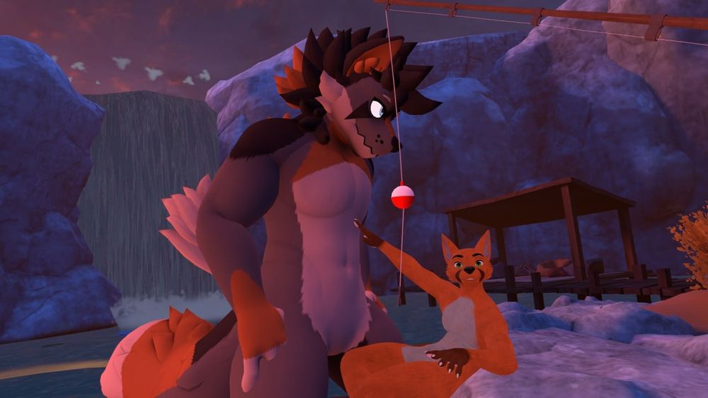 VRChat screenshot of a large canine avatar standing before and looking down at a small fox avatar, who is pointing at the large canine while looking directly at the viewer. There's also a fishing rod in the frame because someone summoned it unintentionally >:(