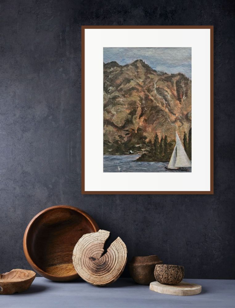 Oil painting of a sail boat on the garda Lake in Italy.