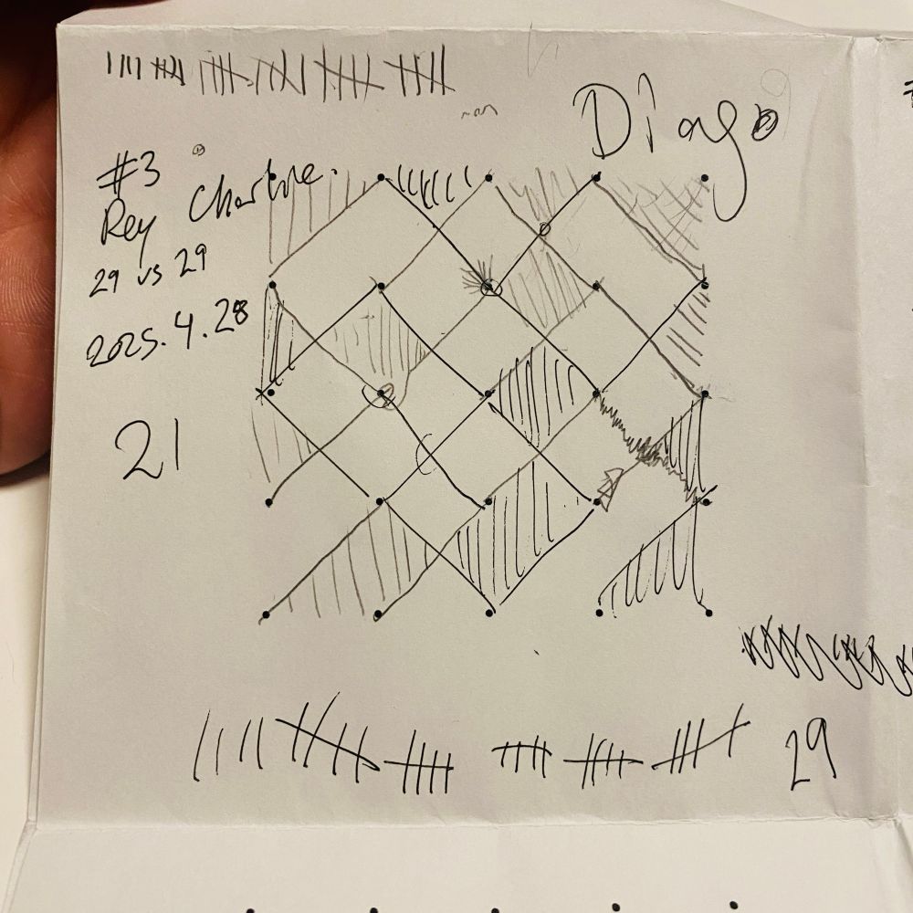 Pen and paper game Diago. A diagonal grid of dots with diagonal lines enclosing areas, some of which are shaded.