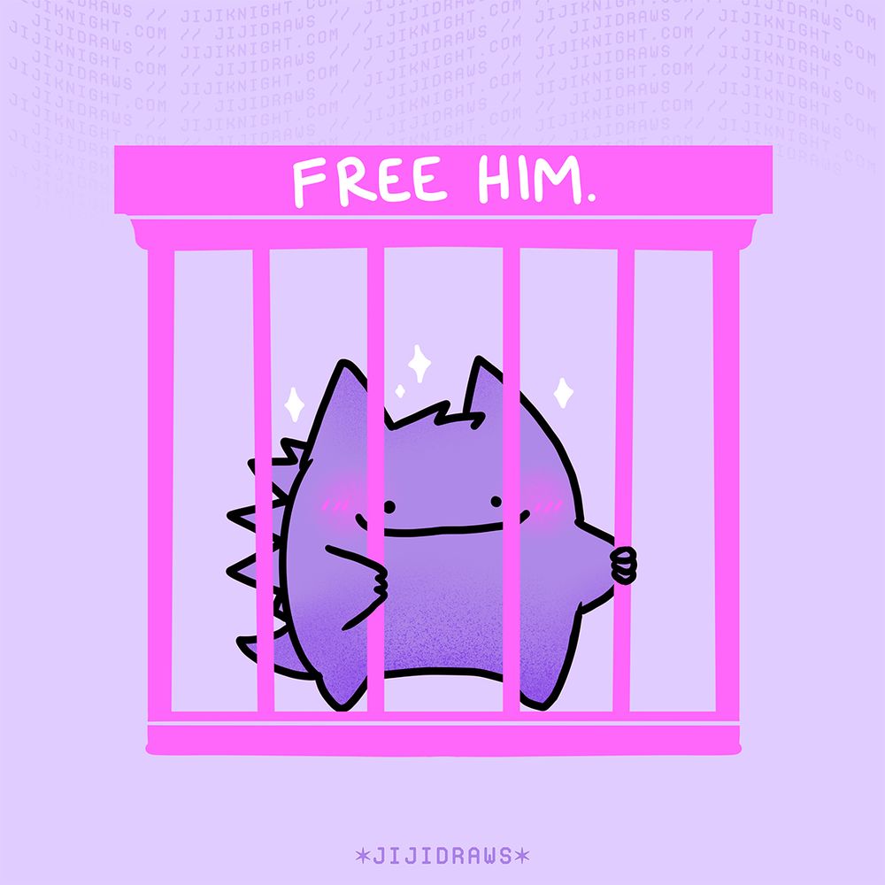 A silly illustration of a ditto disguised as a Gengar. He is trapped in a hot pink cage, the top of the cage reading “FREE HIM.” 🎨✨