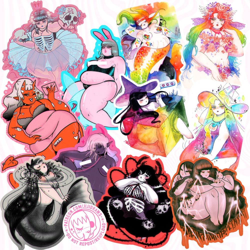 A digital product mockup photo of a variety of jiji's stickers available at jijidraws.shop. There is as follows: 
-a death themed pink and blue pinup offering up a skull
-a red demoness winking and offering up a love letter
-a space themed mermaid
-a saucy dark elf
-a topless bunny girl
-all four rainbow themed pinups (witch in a rainbow cube, rainbow earth goddess, rainbow witch with cosmos hair, and rainbow mermaid)
-la muerte with her hands poised under her chin
-and a stormy trio embracing one another