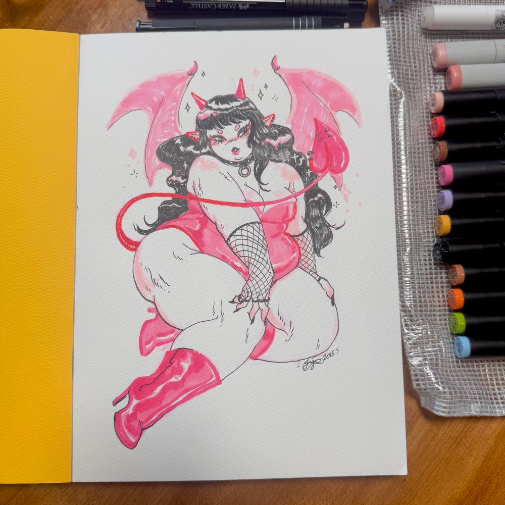 a marker illustration of a pink demoness pinup :) 🎨✨