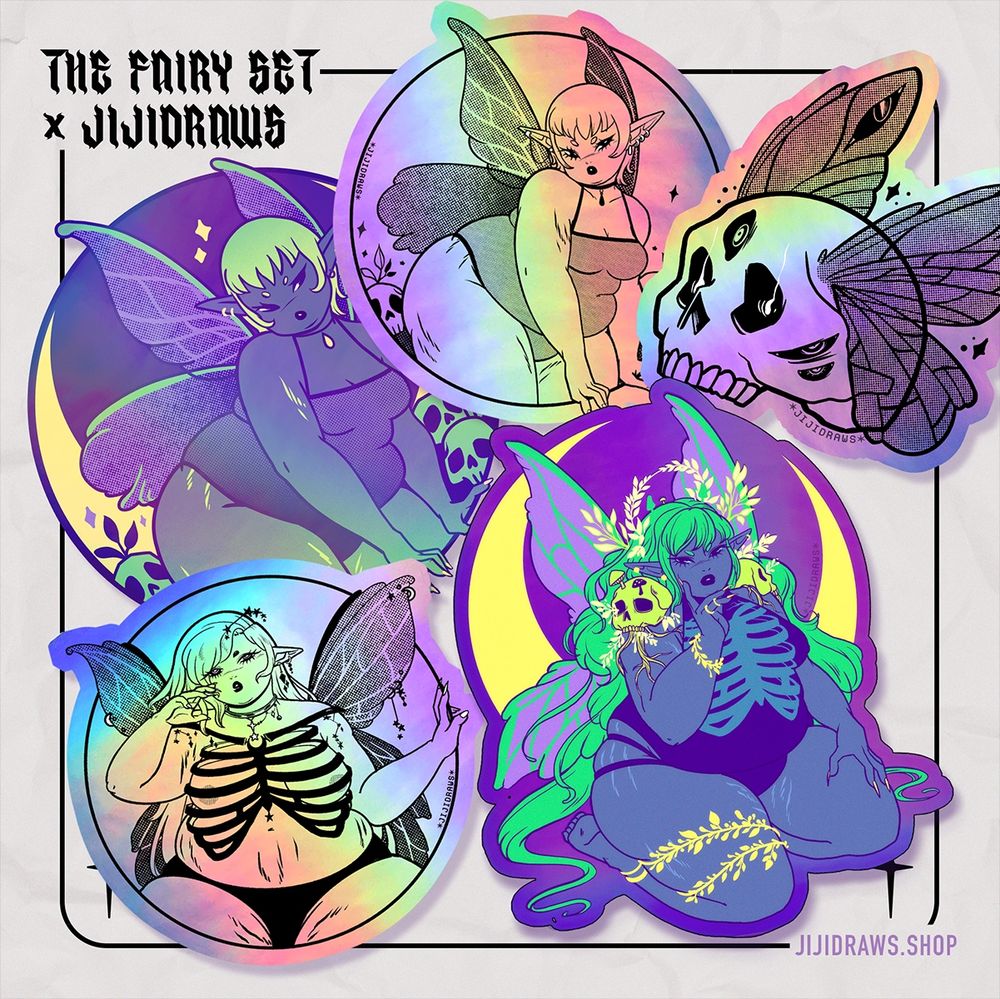 A digital product mockup photo of: jiji's fairy themed sticker set. There are four fairy themed pinups mocked up as stickers and a skull with fairy wings. 