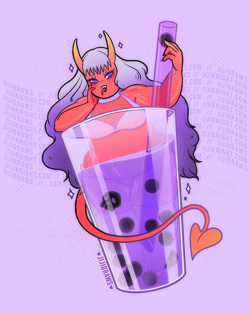 A vibrant violet themed illustration of a melon orange demon standing cheekily in a large glass of taro milk tea. She's sticking her tongue out at the viewer playfully, holding a boba straw in her hand while the other is poised on her cheek. 🎨✨