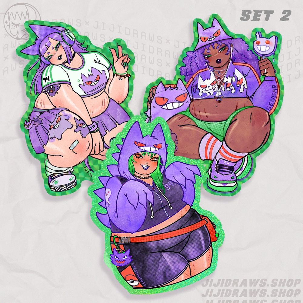 A digital product mockup photo of: jiji's gengar gals sticker set. There are three gengar themed pinups mocked up as stickers.