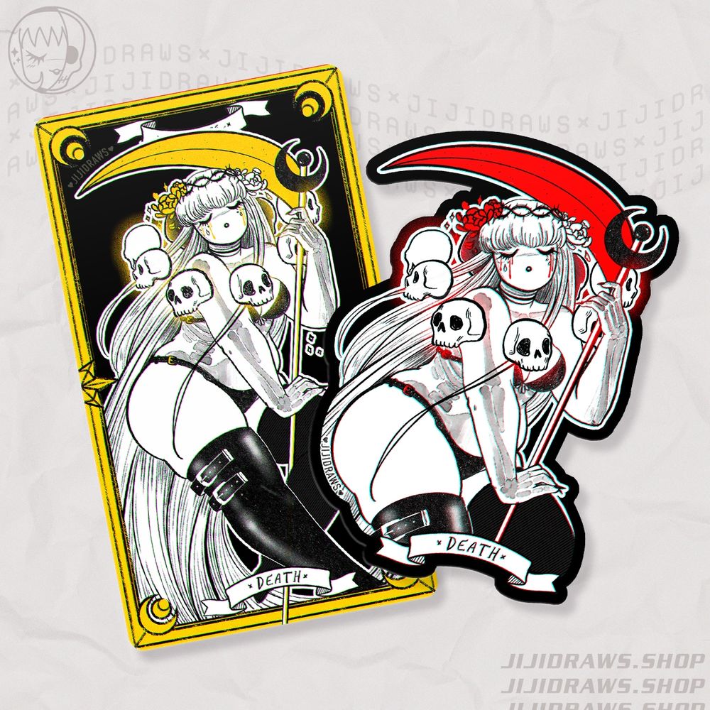 A digital product mockup photo of: jiji's death tarot pinup. There are two death tarot themed pinups mocked up as stickers; one is a full card and the other is just the figure.