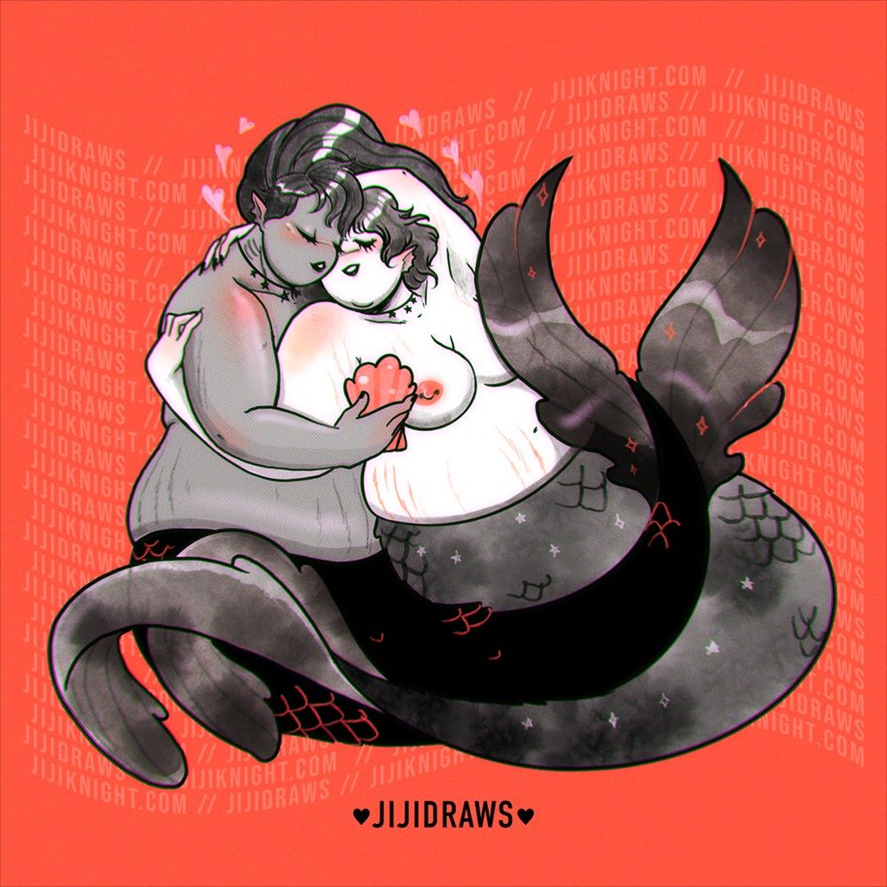An illustration of two sapphic mermaids in a sweet embrace. The mermaid in the front is reaching back to embrace her lover while she's on her shellphone. 🎨✨