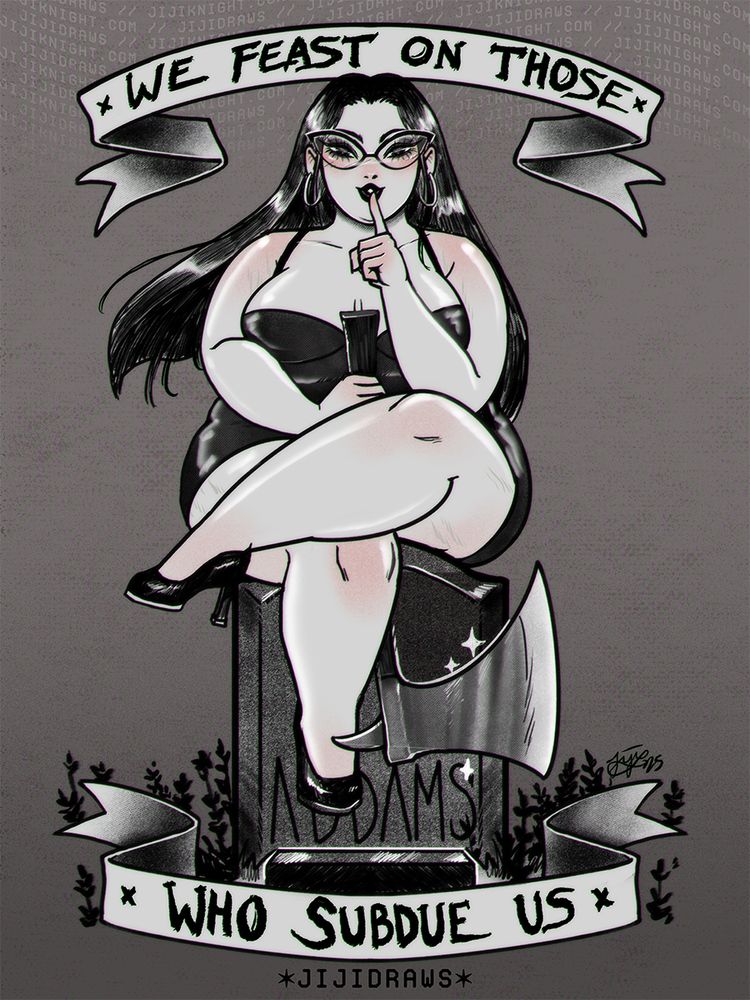 A commission of a patron's Addams Family original character: Merope. She is a baddie perched on a tombstone with her leg crossed, making a shushing motion with one hand while the other holds an axe head down. 🎨✨