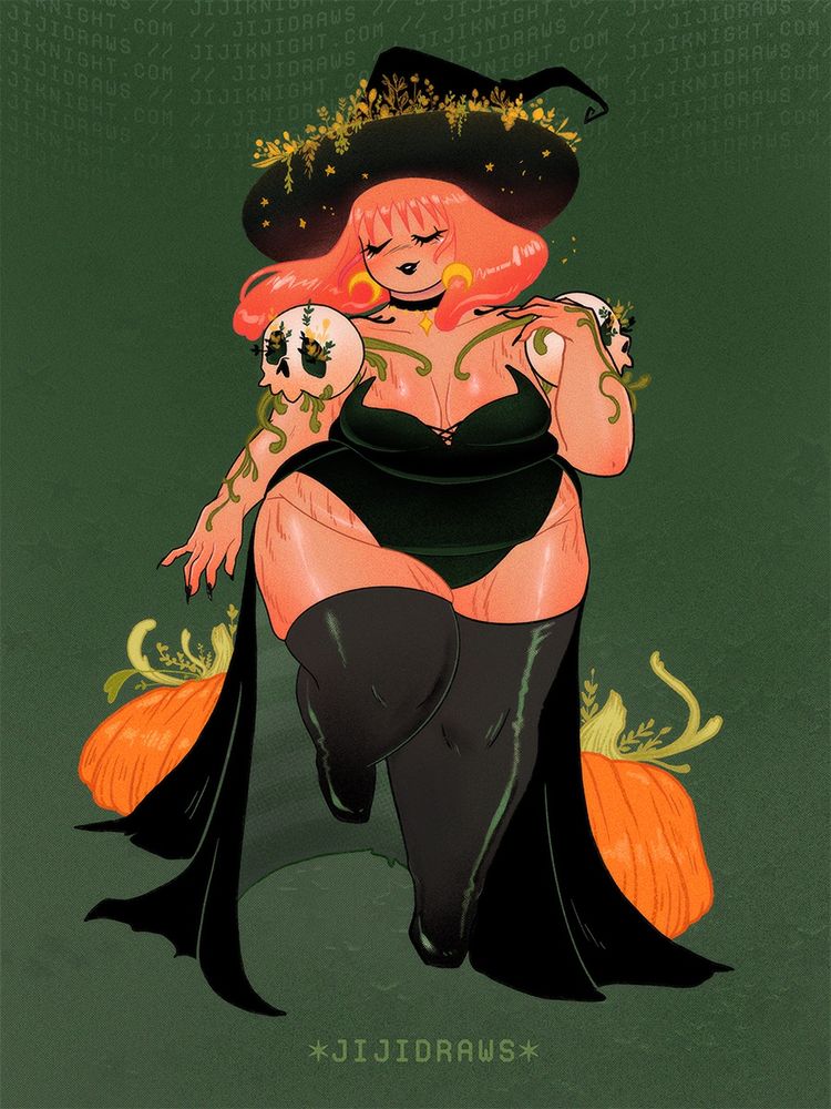 A pinup illustration of a goth witch in a corseted leotard with a long train of a skirt. Eyes closed and head tilted slightly she's enjoying a lovely day in a pumpkin patch. She's on a forest green background, standing balanced on a foot in thigh high boots, happily puttering by pumpkins as golden autumn leaves bloom on her starry witch hat. 🎨✨