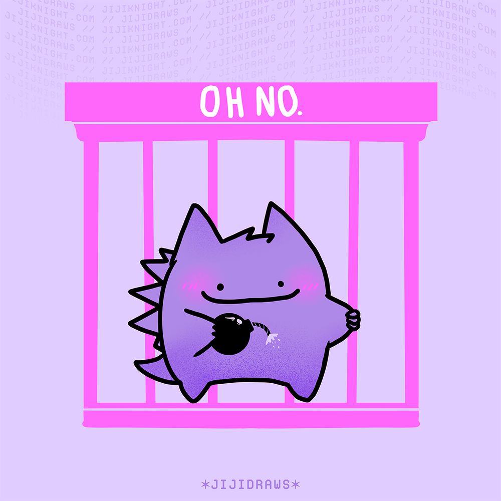 A silly illustration of a ditto disguised as a Gengar. He is out of the hot pink cage from the prior illustration, the top of the cage reading “OH NO.” The oh no is because he is holding a lit bomb. 🎨✨