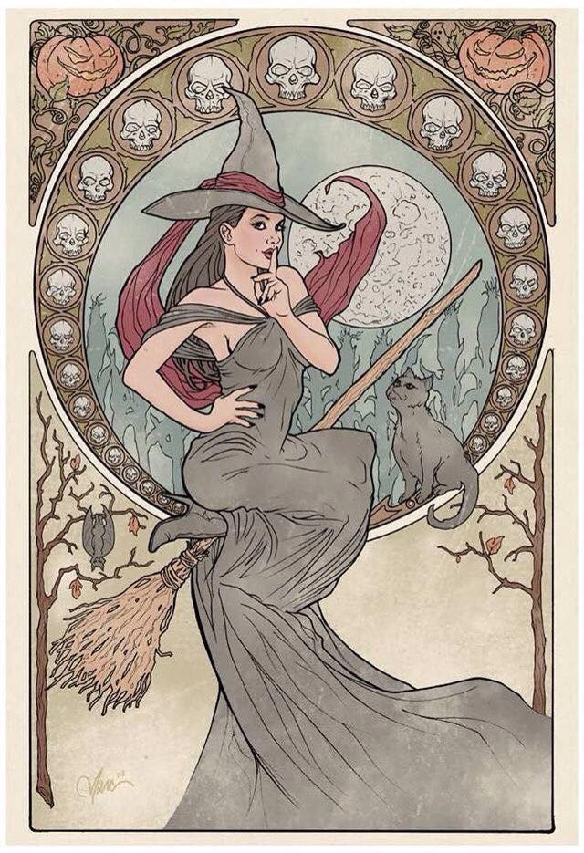 Drawing in the style of Mucha's art deco with a witch on a broom, a black cat and a bat hanging upsidewon, with the full moon behind her and an arch of skulls.