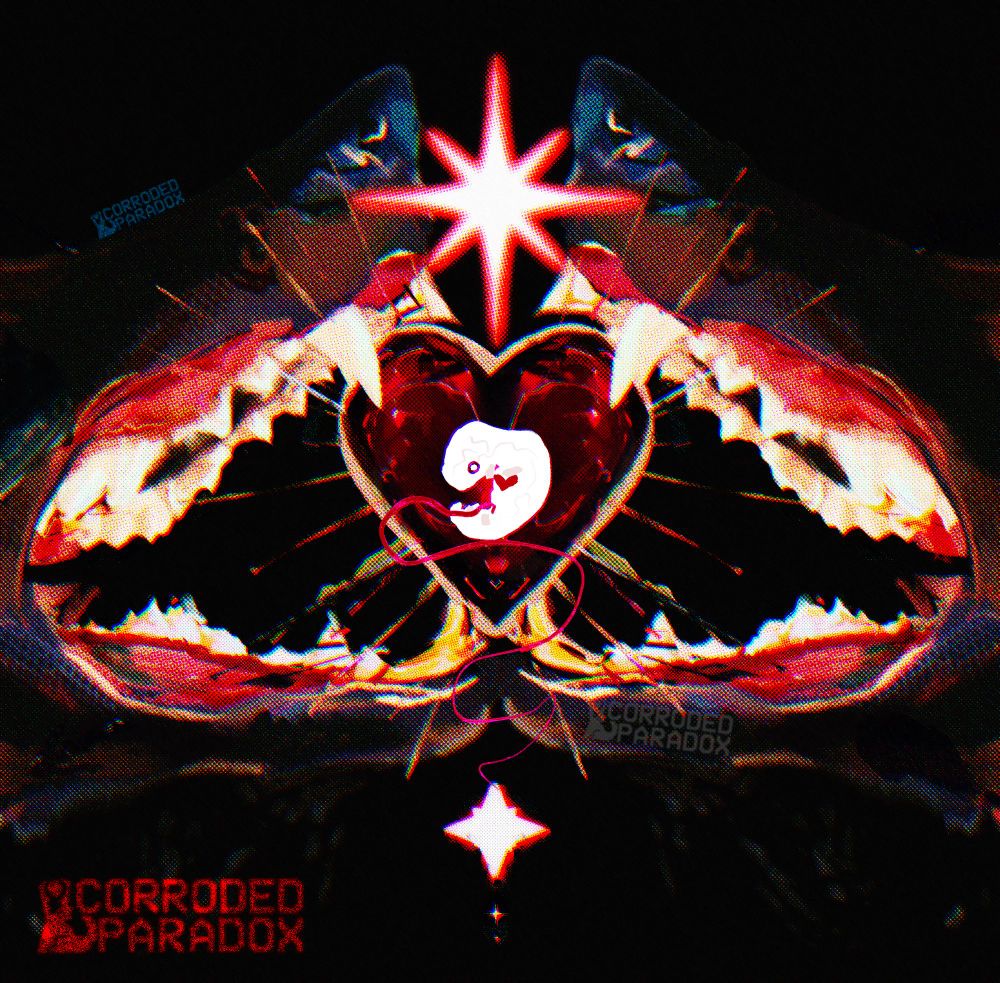A mirrored digital painting of two dog mouths. Between them is a red heart gem with a white floating fetus in the center