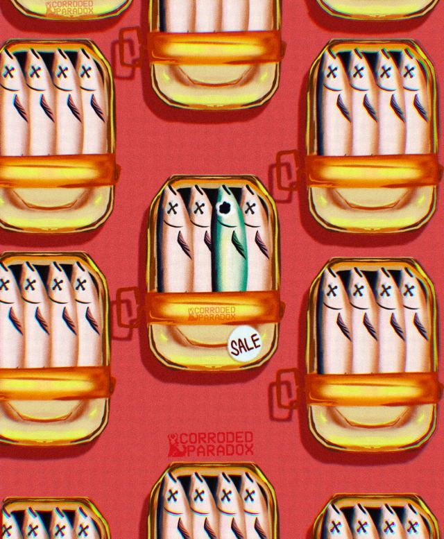 A digital painting of a bunch of sardine tins. In the center is a single alive sardine, the tin with the live one is for sale 