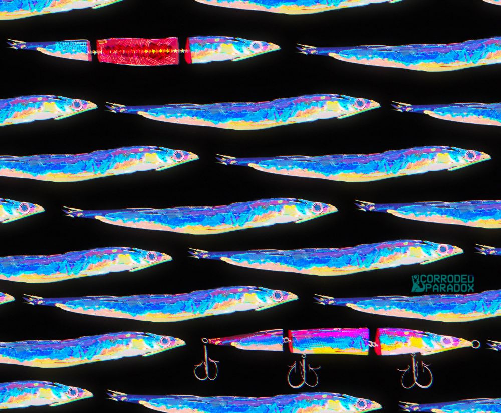 Rows of drawings of fish. In the second row is a fish with its side cut open. The second the bottom row there is a fishing lure 