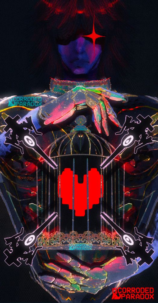 A digital painting of someone holding a cage. They are wearing a suit of armor with two armored gloves around the cage. Inside the cage is a pixel like heart, which is surrounded by black knives. 