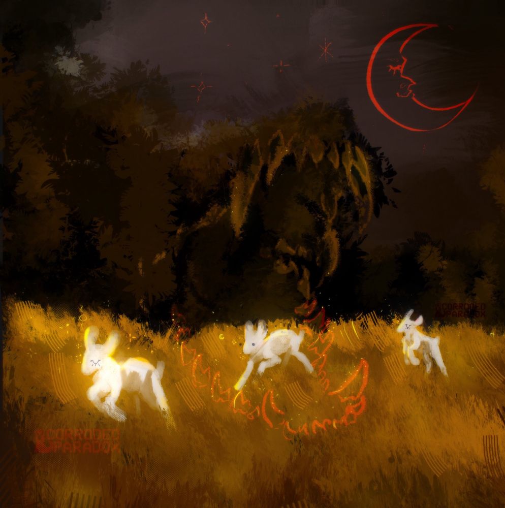 A digital painting of three small lambs playing in a field. The middle lamb is jumping into the outline of a maw 