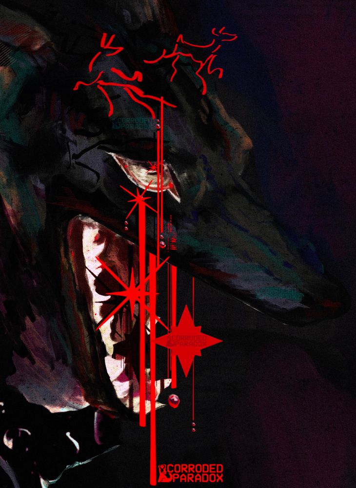 A windhound with its jaw hanging open. Red stars pour out of its mouth, with red lines overlapping its eye. The top of its head has two red deer glyphs above it 