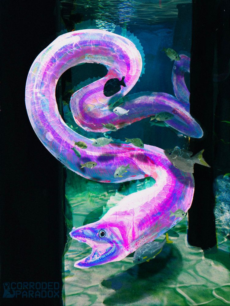 A giant moray eel swimming through the water. It is like a diaphonized specimen; its body is a clear white ish color, and the skeleton is a blue/pink/purple mix