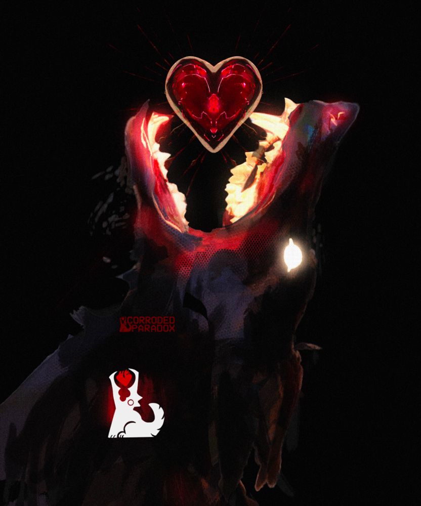 A digital painting of a wolf with a red heart gem it in mouth 