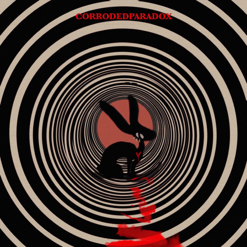 A black rabbit in the center of repeating black and white circles. The rabbit has a red heart that is leaving a trail of blood 