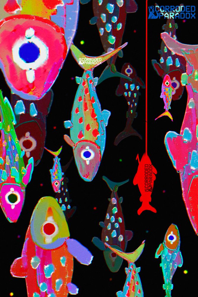 A digital drawing of a bunch of fish. Most are swimming downwards, to the right is a solid red fish being pulled upwards by a red fishing line. 