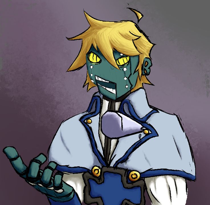 guilty gear character robo-ky with one arm slightly raised and a spike in his left shoulder