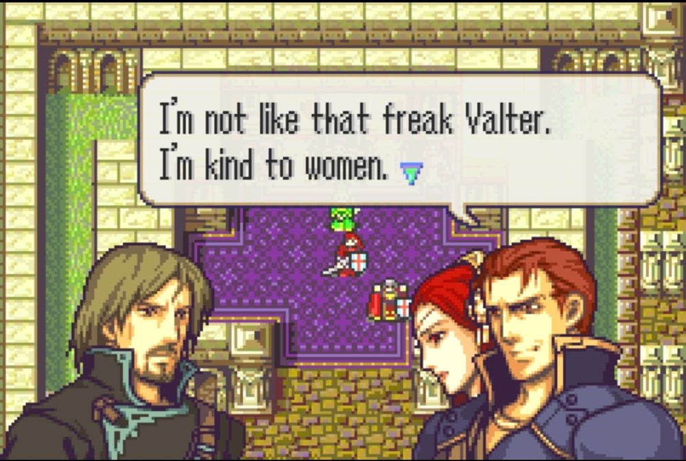 Screenshot of Caellach Sacred Stones taking Queen Ismaire hostage, but promises Carlyle he won't hurt her because, "I'm not like that freak Valter. I'm kind to women."