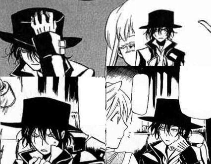 collection of 4 screencaps of pandora hearts' gilbert wearing his hat. its formless and a bit hateful.