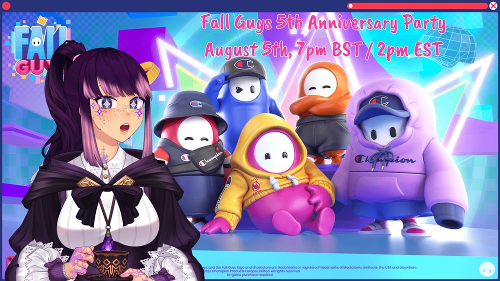Fall Guys 5th Anniversary Party!
August 5th, 7pm BST / 2pm EST.
Live at twitch.tv/tk_layla

(image features 5 Fall Guy beans in a mixture of clothing; with bucket hats, hoodies, and shorts. TK_Layla is positioned to the left of the image, looking at them with starry eyes)
