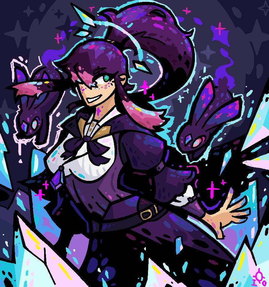 A lady dressed in purple with a white blouse is smiling whilst flanked by two purple Lopostars; each with a gem on their foreheads. The lady has crystals jutting out around her, which a blue crystal-like halo around the base of her ponytail; her purple with pink highlights hair shimmering with blues as a result. Her hands and neck both feature some form of crystallisation.