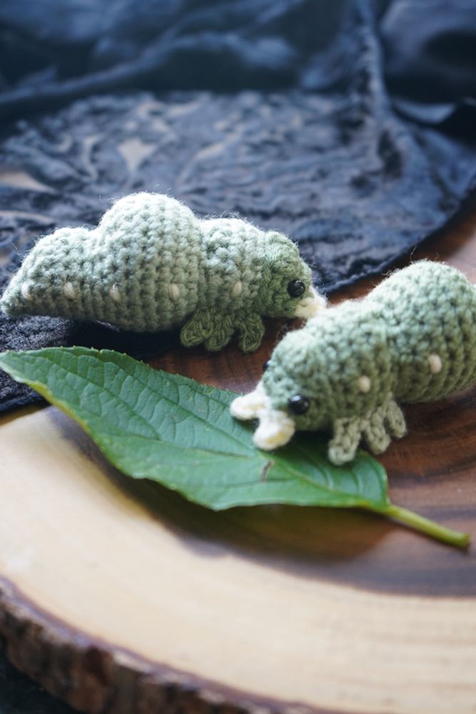 Two green, crochet grubs are resting on a wooden stump slab with a real green leaf positioned to look like they are snacking on it. 