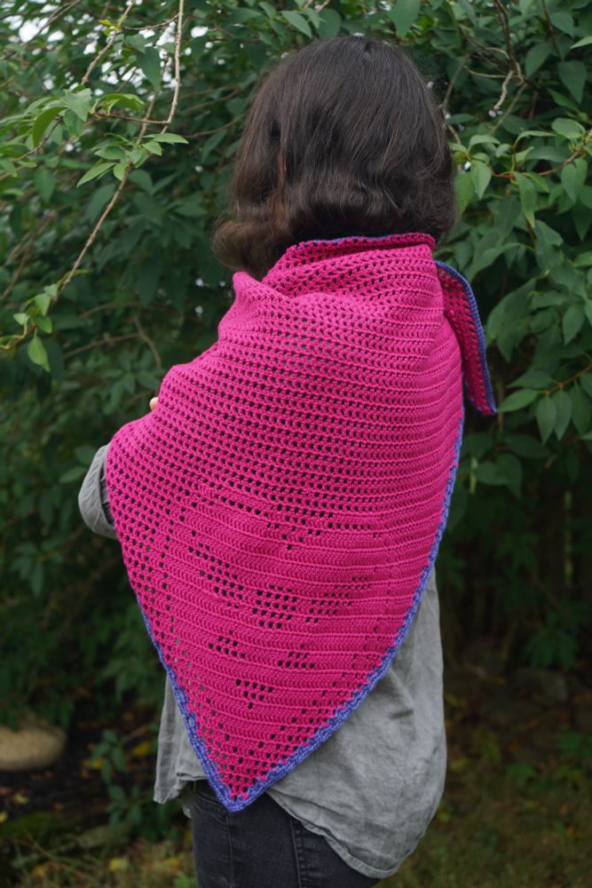 A person with dark brown hair stands with their back to the camera arms crossed in front of a lush green forsythia bush. They are wearing a black shirt, grey over shirt, black pants, and a handmade crochet magenta shawl with a purple border. This photo shows the detailed filet crochet “deltarune” heart design on the shawl. 