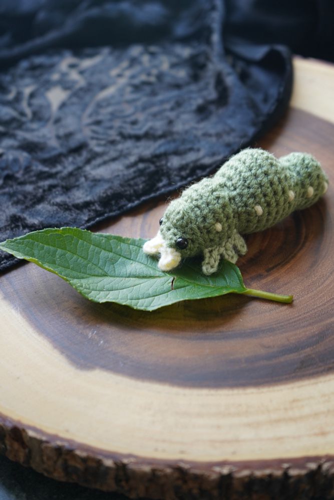 A small, green and cream crochet grub is resting on a slice of wood and looks like it is eating a freshly picked green leaf. 