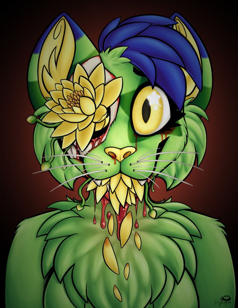 A digital art piece of my fursona, Hana Kitty, with yellow water lilies growing out of her eye socket and her mouth. Half of her skull is exposed. Blood is pouring from her mouth and eyes, and petals are falling from her mouth.