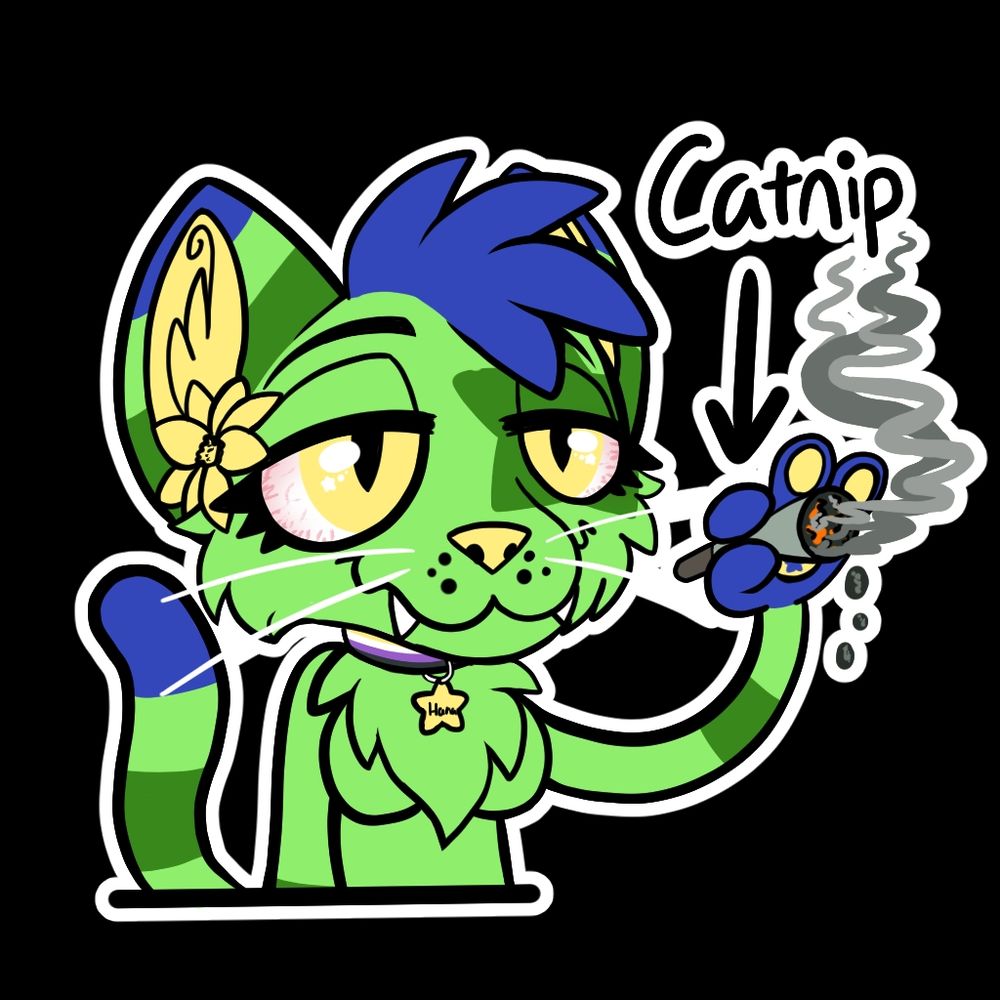A silly drawing of my fursona holding a joint looking very high. There's an arrow pointing at the joint that says "catnip"