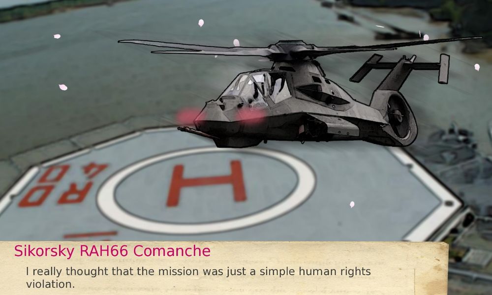 An RAH-66 Commanche helicopter blushing and saying, "I really thought that the mission was just a simple human rights violation."