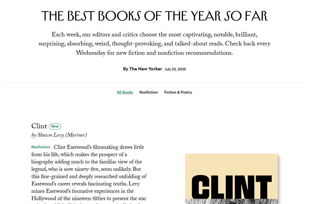 Screenshot of The New Yorker's list of "The Best Books of the Year So Far," topped by "Clint" by Shawn Levy...wtaf???!!!