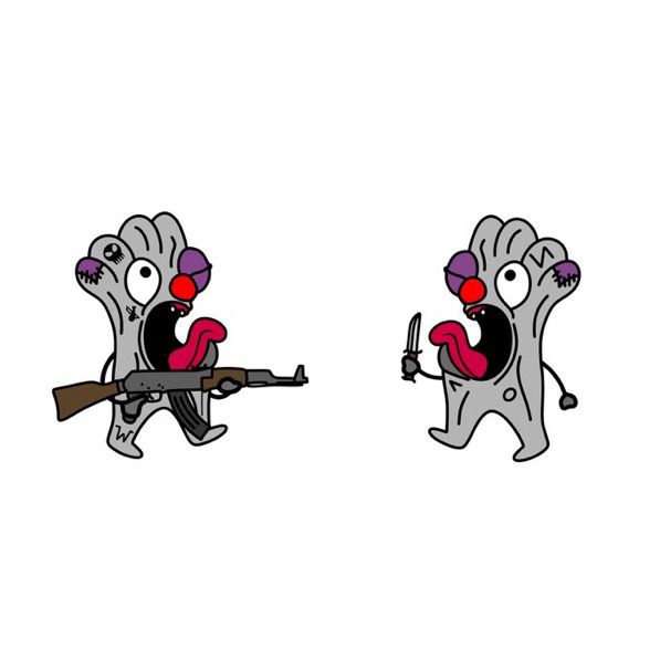A cartoon Vatnik with a gun. Advances towards another cartoon Vatnik with a knife. Both screaming. 