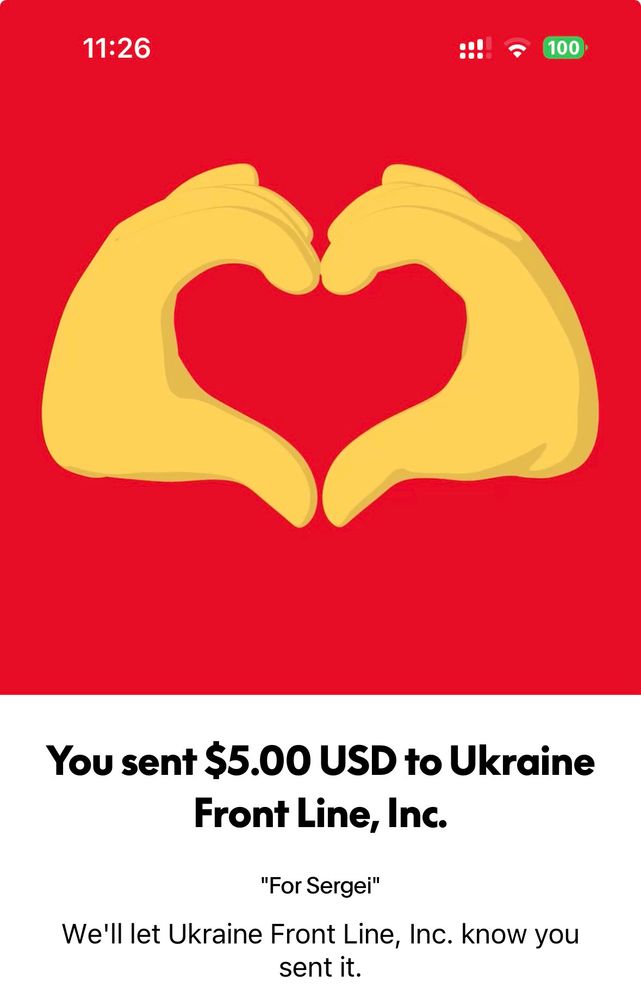 A paypal receipt for $5USD to Ukraine Frontline Inc   A pair of hands form a heart above, on a red background. 