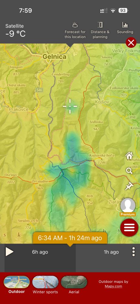 A satellite map of Slovakia near the mountain top: Hrb