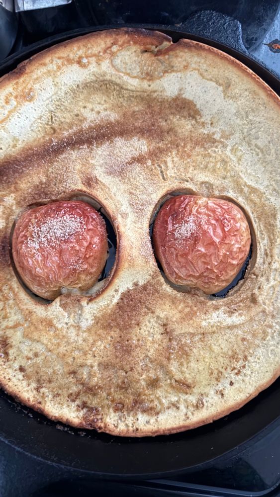 An overhead shot of two apple halves cooling in a cinnamon dusted, oven pancake in a cast iron pan. 