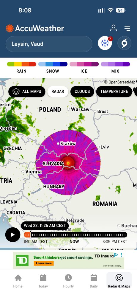 A muted tone map of Europe with a violent purple, pink and red circle blip that shows on Slovakia on the weather radar
