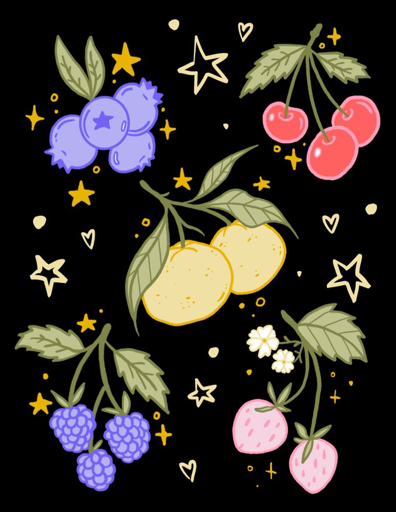 Cute illustration of fruit like strawberries, blackberries, clementines, cherries and blueberries