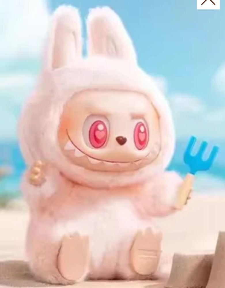 An absolutely massive pink Labubu wielding some type of pitchfork