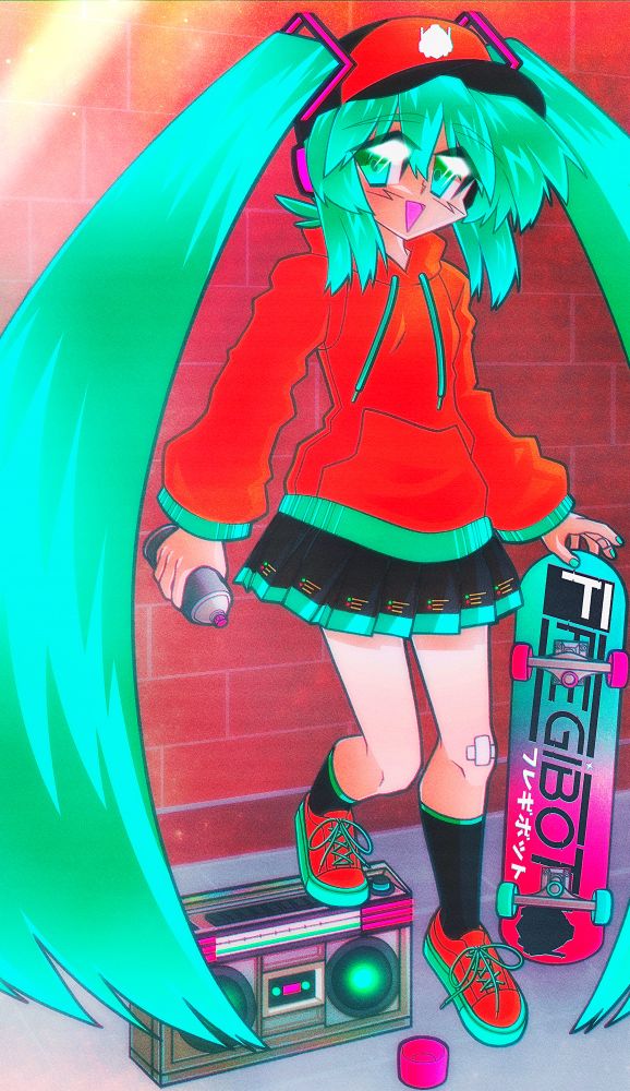 Hatsune Miku is wearing a skater style. She has a skateboard in her hand that reads the Vocaloid Producer’s name “Fregibot”. Her foot is resting on a boombox and she has a can of spraypaint in her hand. She is smiling.