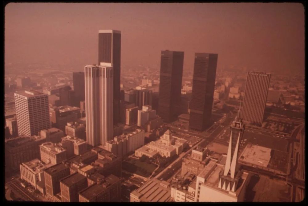 A vintage photo from the National Archives shows smog in Los Angeles taken from a high vantage point.