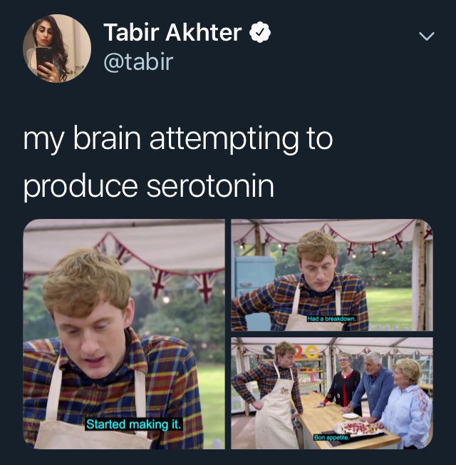 tweet from Tabir Akhter @tabir

my brain attempting to produce serotonin

series of bake off pics with a tall white man saying:
Started making it.
Had a breakdown
Bon appotito

to three older white people